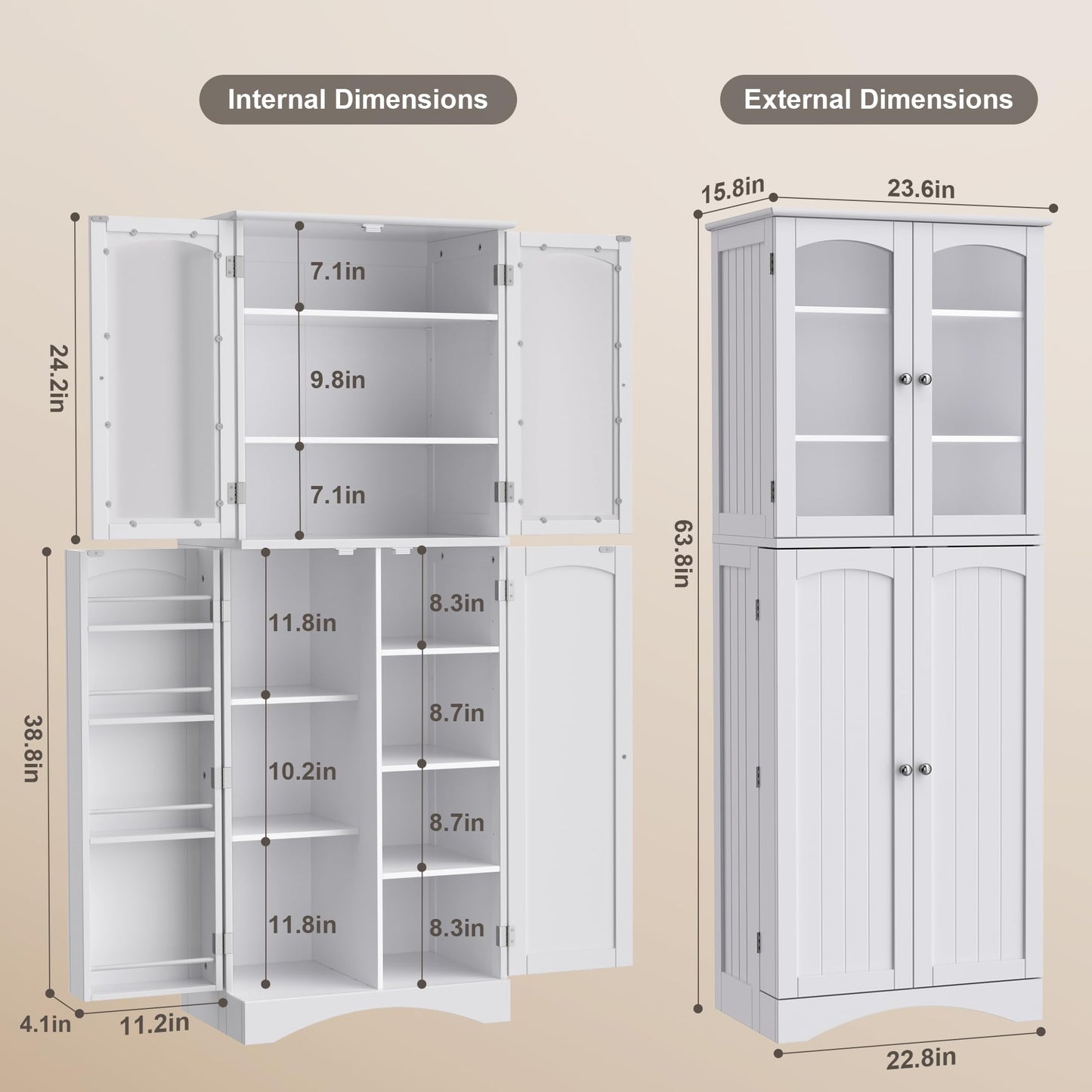 Gizoon 64" Kitchen Pantry Cabinet, Tall Storage Cabinet with Glass Doors and Adjustable Shelves, Freestanding Floor Cabinet Cupboard for Kitchen,