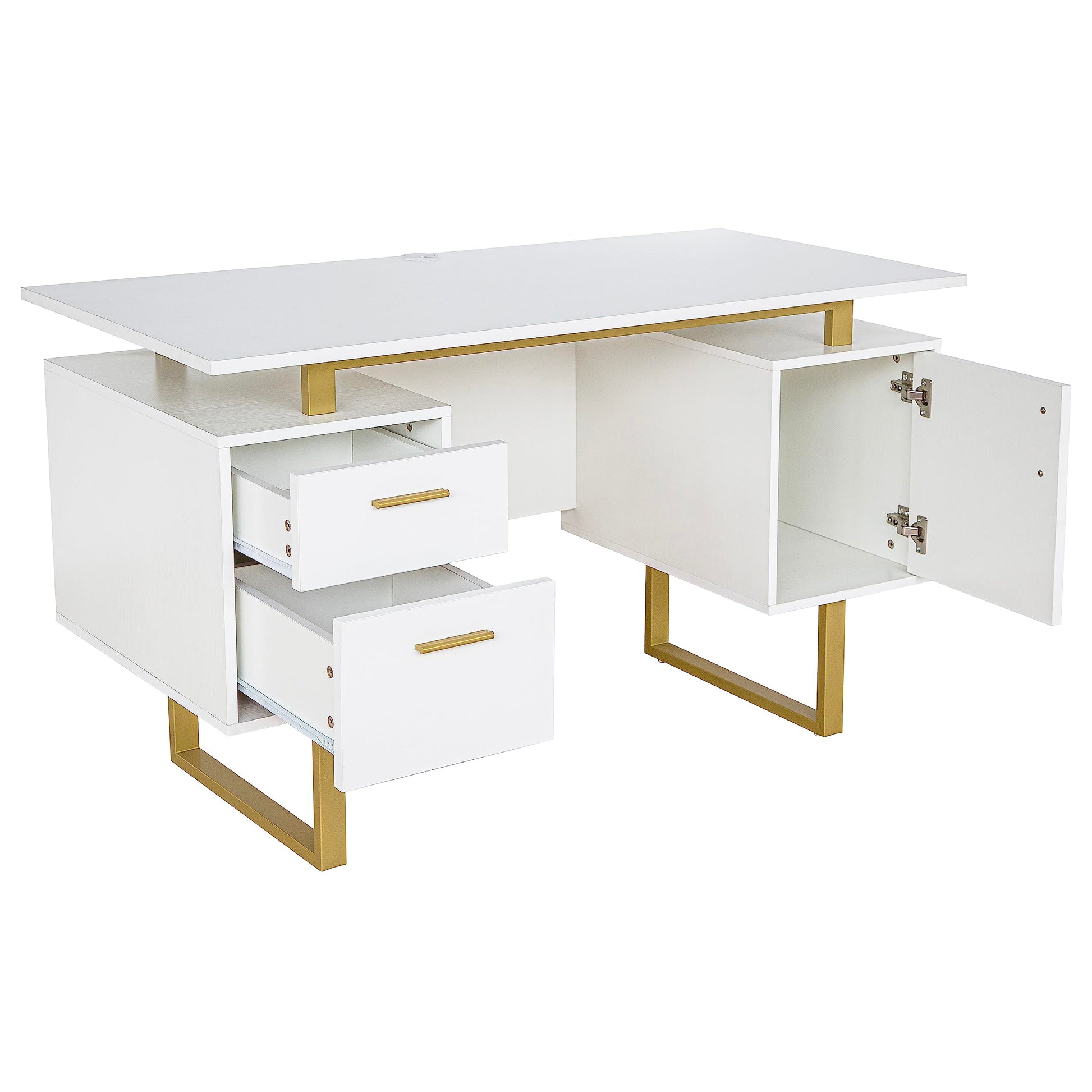 Techni Mobili Storage Drawers and Cabinet 51.25” W-Modern Office Large Floating Desktop Surface Desk, White/Gold - WoodArtSupply