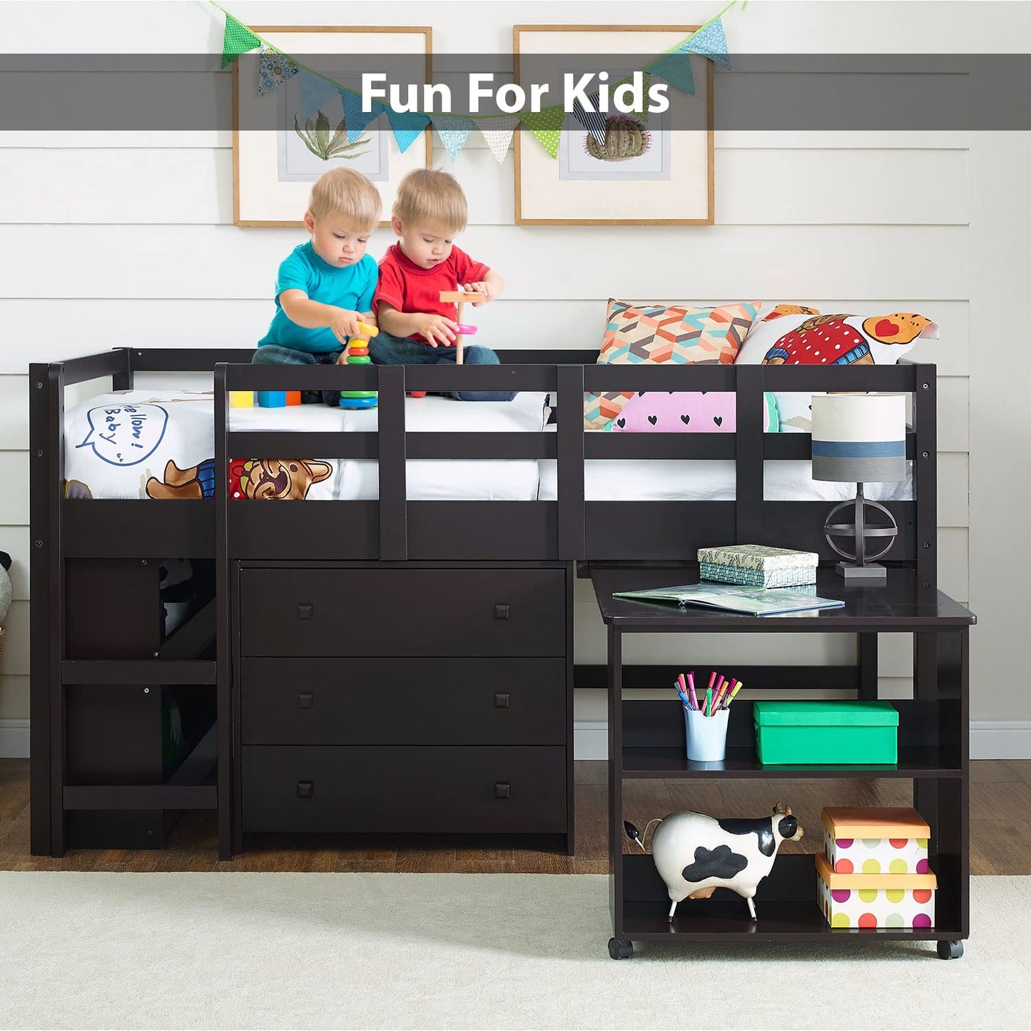 Naomi Home Twin Loft Bed with Desk and Storage - Space-Saving Kids Bed in Espresso - WoodArtSupply