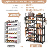 ROJASOP Shoe Rack Organizer, 8-Tier Metal Shoe Rack for Closet Entryway Garage, 26-32 Pairs Tall Shoe Boot Storage Shelf with 15 Hooks, Stackable ROJASOP