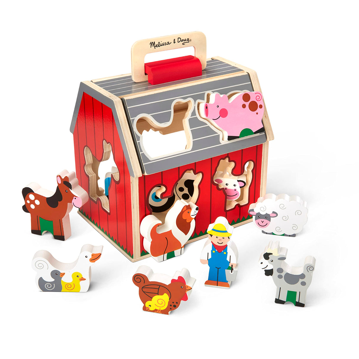Melissa & Doug Wooden Take-Along Sorting Barn Toy with Flip-Up Roof and Handle, 10 Wooden Farm Play Pieces - Farm Toys, Shape Sorting And Stacking Melissa & Doug
