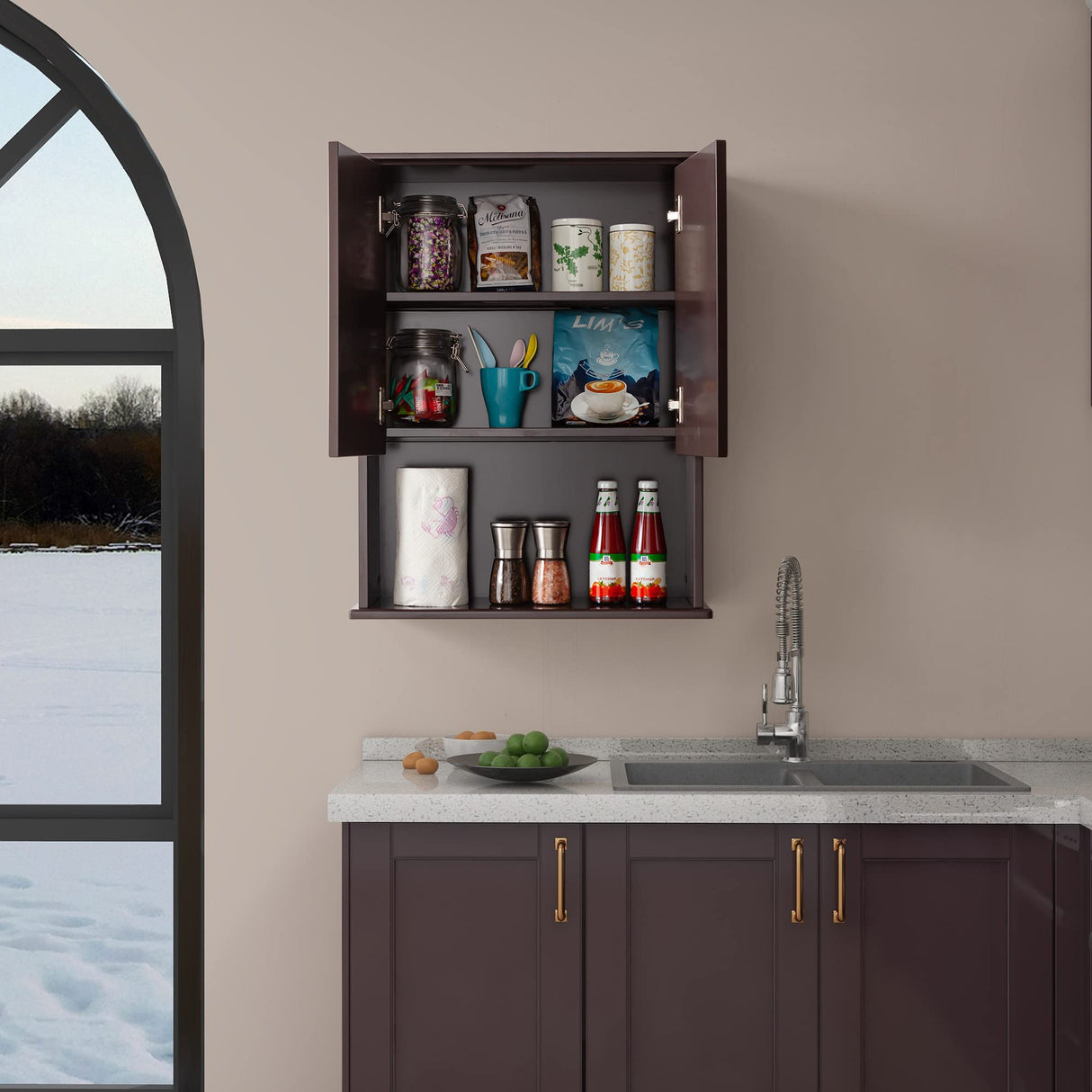 VANIRROR Brown Wall-Mounted Bathroom Cabinet with Adjustable Shelf and Stylish Design VANIRROR