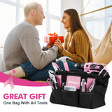 POPULO Pink Tool Kit 236-Piece with Cordless 20V 2000mAh Power Drill Driver, Lady's Basic Home Tool Set with 12-Inch Pink Tool Bag, Electric Drill populo