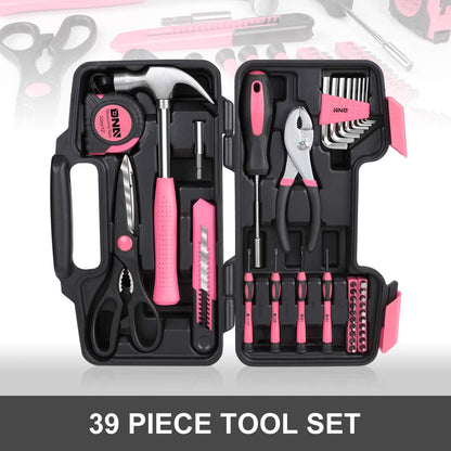 DNA MOTORING 39-Piece Household Tool Set General Repair Small Hand Tool Kit Storage Case for Home Garage Office College Dormitory Use, Pink,
