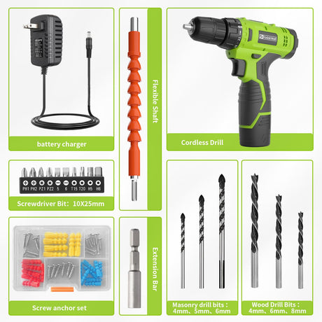 FADAKWALT Cordless Drill Set,12V Power Drill Set with Battery and Charger, compact Driver/Drill Bits, 3/8'' Keyless Chuck,21+1 Torque Setting, 180 FADAKWALT