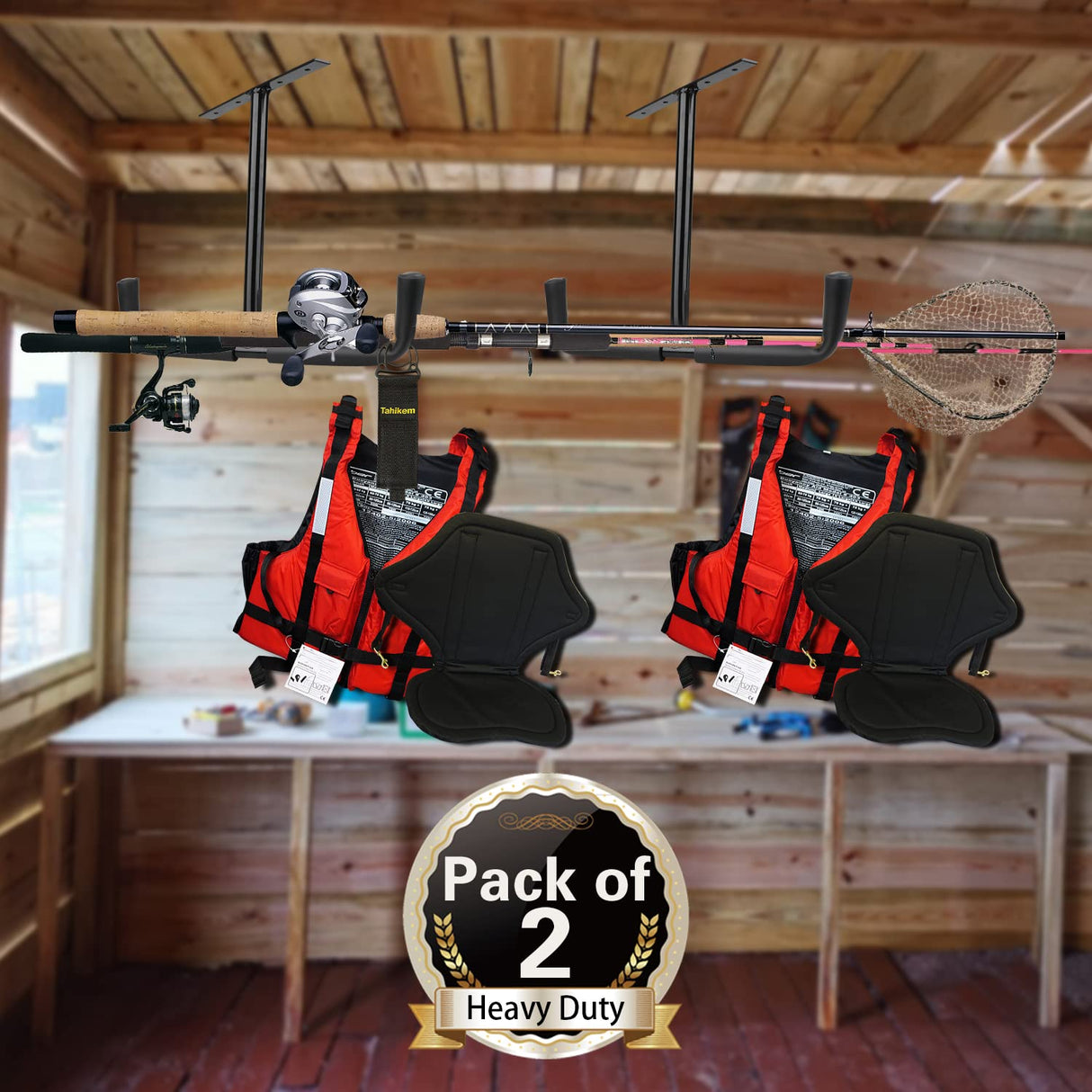 Tahikem 2 Set Overhead Garage Storage Rack, Heavy Duty Overhead Storage Double Hook, Ceiling Mount Hanger Safe Racks Hooks, Hanging for Lumber Ladder Tahikem