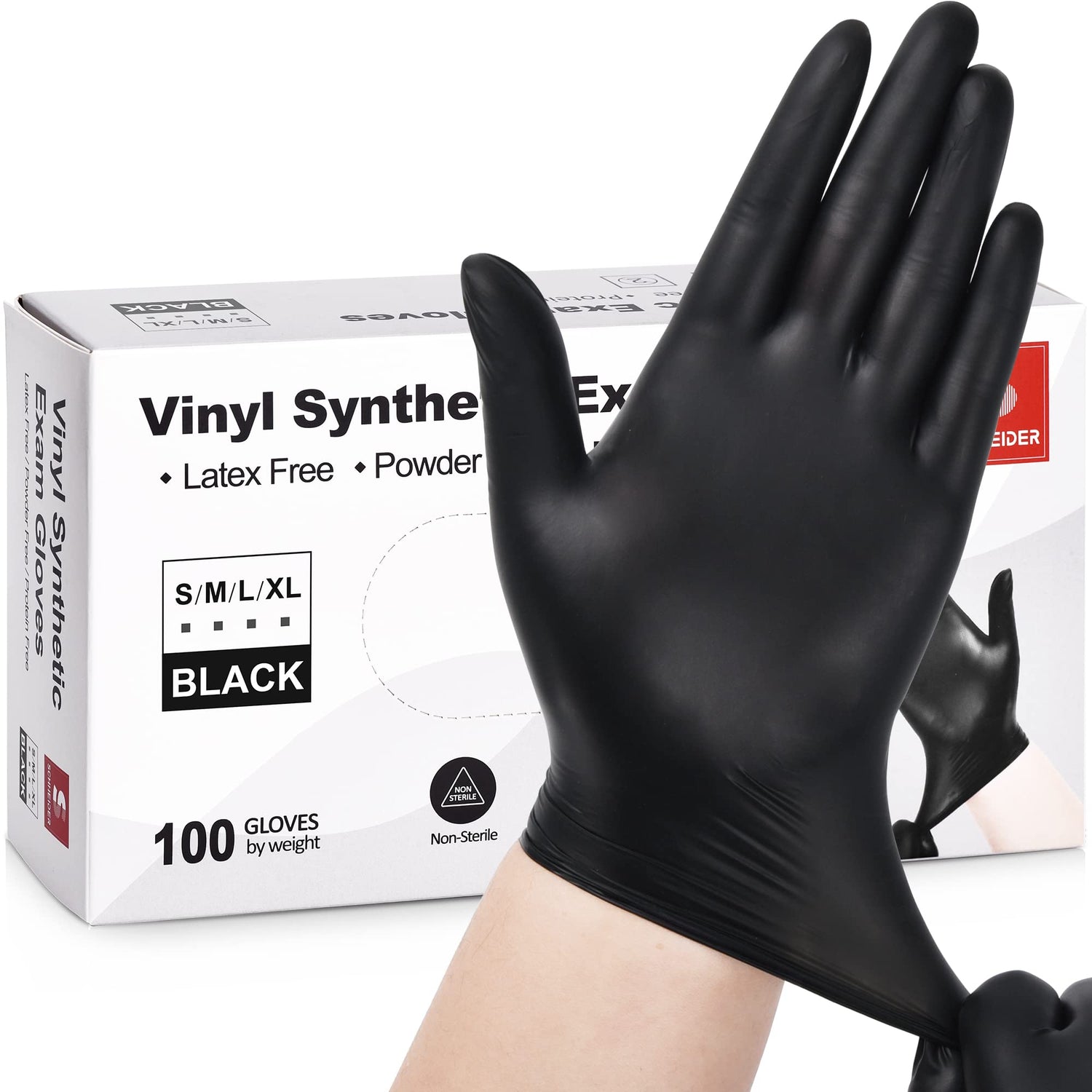 Schneider Black Vinyl Exam Gloves, 4mil, Disposable Latex-Free, Plastic Gloves for Medical, Cooking, Cleaning, and Food Prep, Sizes Medium Schneider