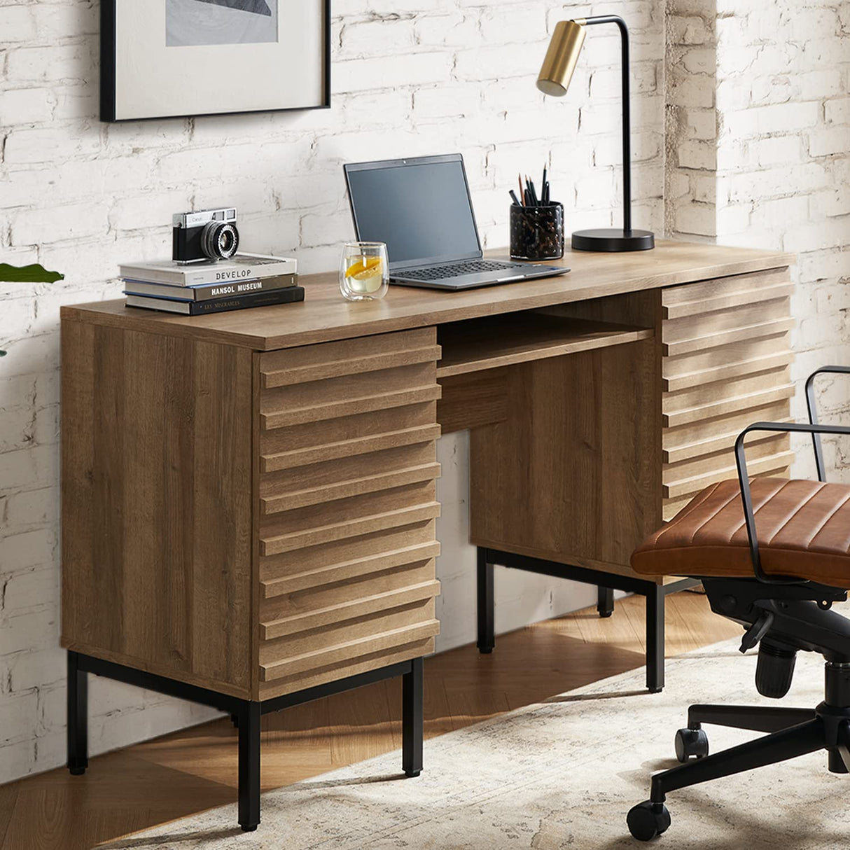 mopio Norwin Executive Desk, Modern Industrial Farmhouse Desks for Home Office, with Sturdy Metal Legs, Fluted Panel Dual Cabinet Soft Close Door, mopio