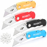 REXBETI 4-Pack Folding Utility Knife Quick-change SK5 Box Cutter for Cartons, Cardboard and Boxes, Back-lock Mechanism with 10 Extra Blades REXBETI