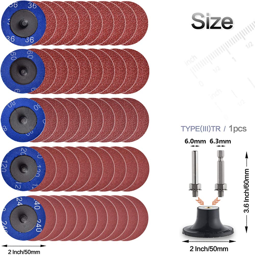 NYXCL Miroku 50Pcs Mixup 2 inch roll Lock Quick Change Discs Set, A/O Sanding Discs with 1/4" Holder, for Die Grinder Surface Prep Strip Grind Polish - WoodArtSupply