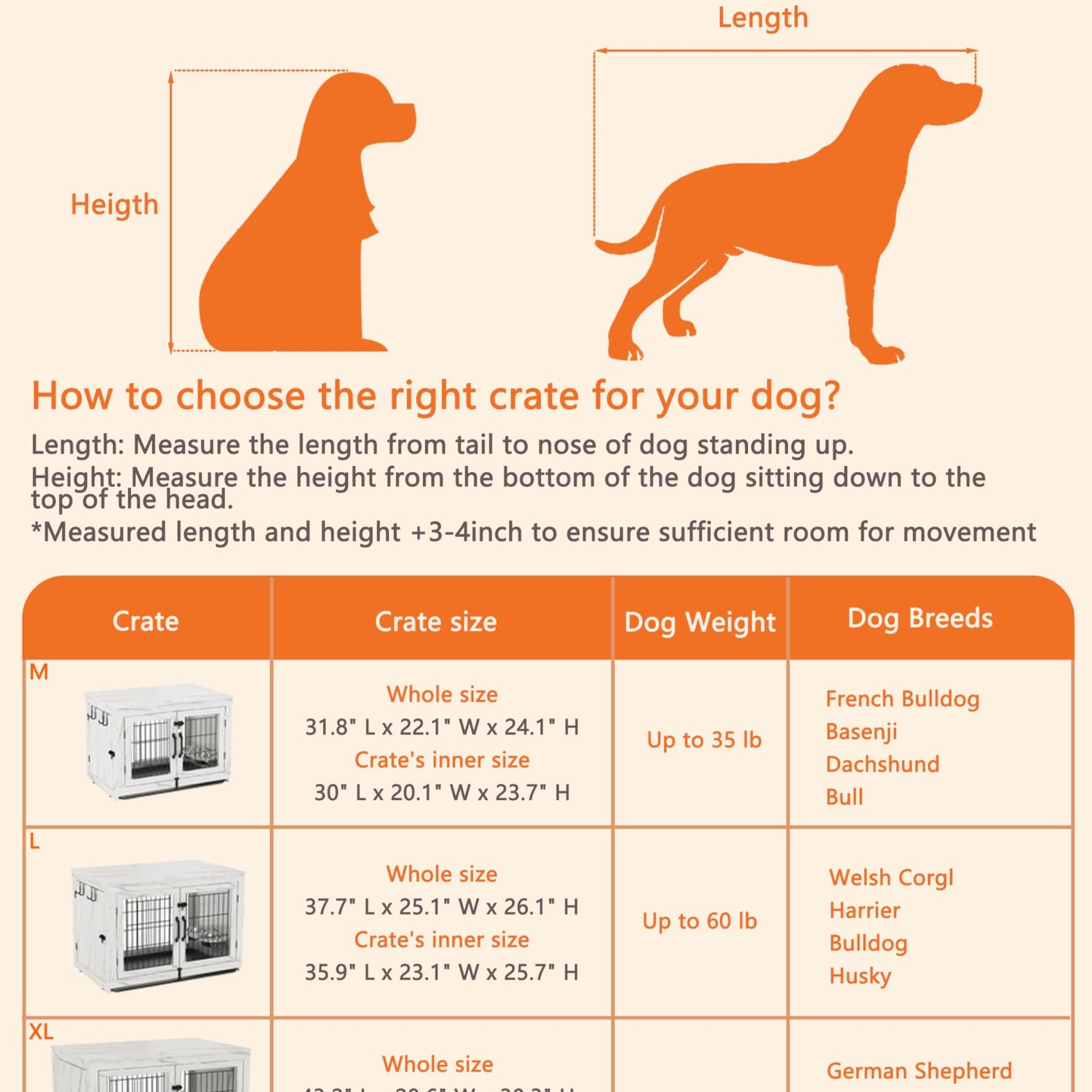 Piskyet Wooden Dog Crate Furniture with 360°Rotatable Removable Dog Bowls, Dog Crate End Table with Tray, Double Doors Dog Kennels for Medium Dogs Piskyet