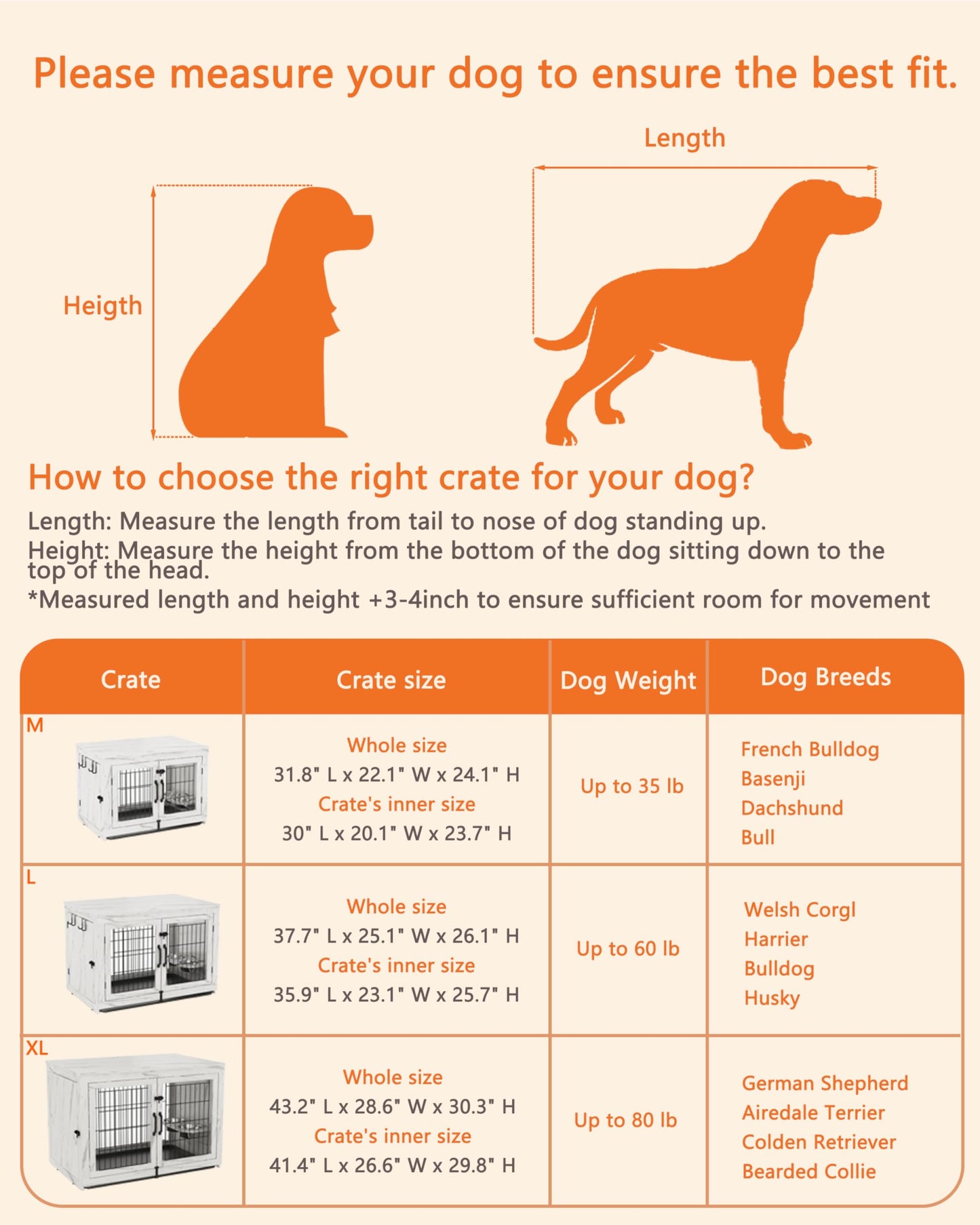 Piskyet Wooden Dog Crate Furniture with 360°Rotatable Removable Dog Bowls, Dog Crate End Table with Tray, Double Doors Dog Kennels for Medium Dogs - WoodArtSupply