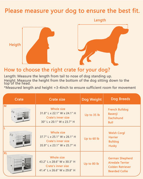Piskyet Wooden Dog Crate Furniture with 360°Rotatable Removable Dog Bowls, Dog Crate End Table with Tray, Double Doors Dog Kennels for Medium Dogs Piskyet