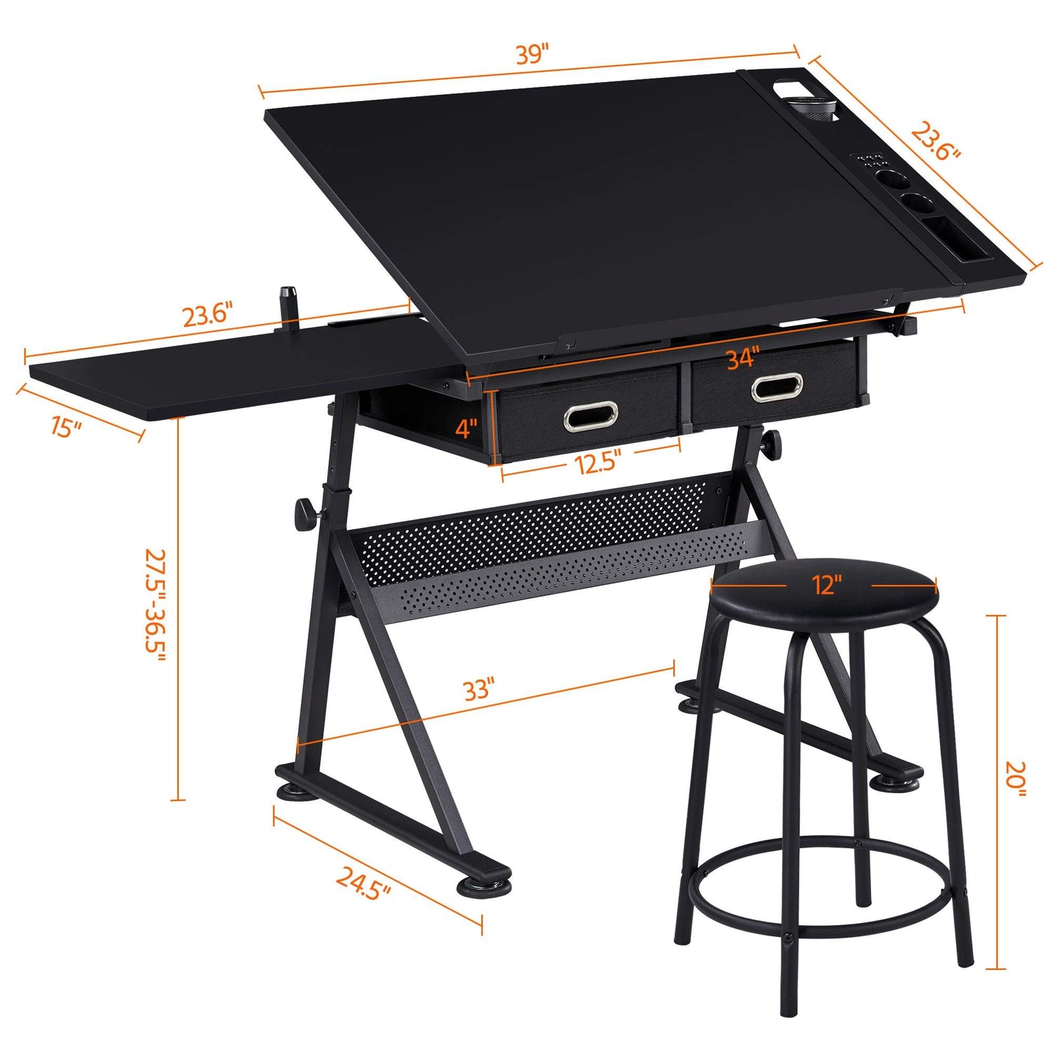 Topeakmart Drafting Table for Artists, Height Adjustable Drawing Draft Desk, Tiltable Tabletop, Art Craft Work Station with Extra Board for Diamond Topeakmart