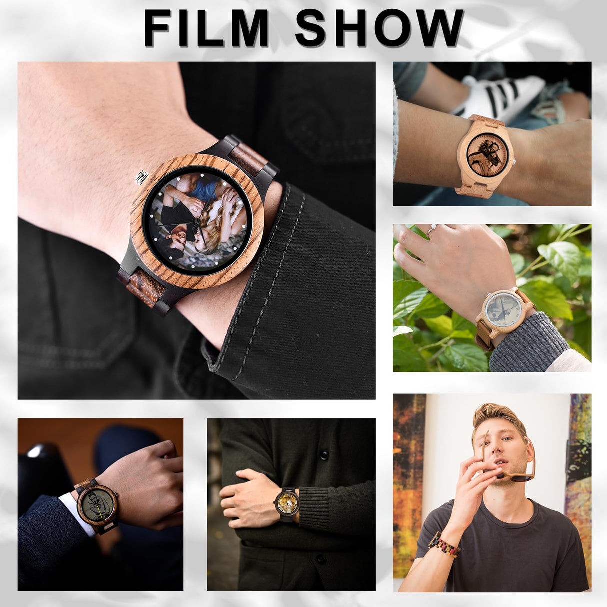 Personalized Customized Wooden Watch for Men Original Engraved Photo Natural Wood Watches with Adjustable Wristband for Birthday Anniversary Present DB-WINNER