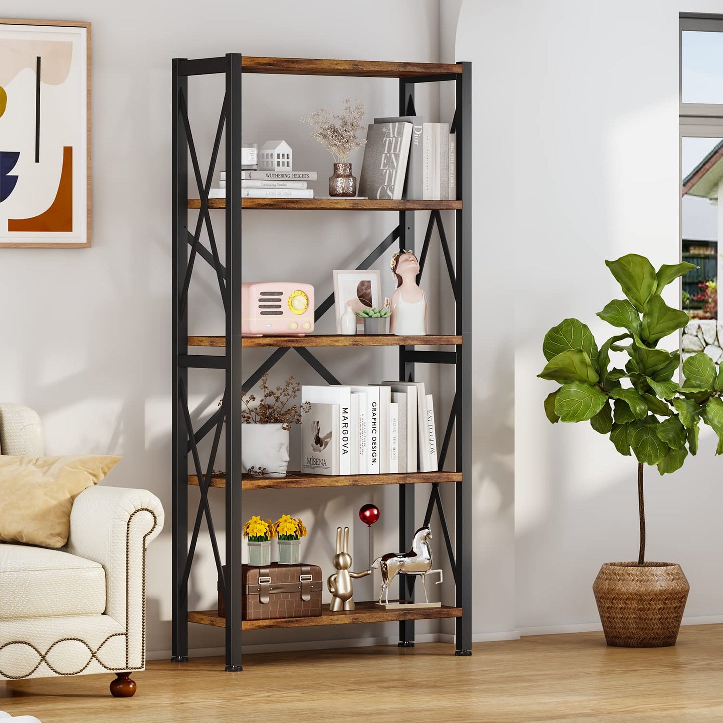Homeiju 5-Tier Bookshelf,Wood Bookcase,Book Shelf with Steel Frame, Storage Rack with Open Shelves, Rustic Standing Bookshelves Ladder Shelf