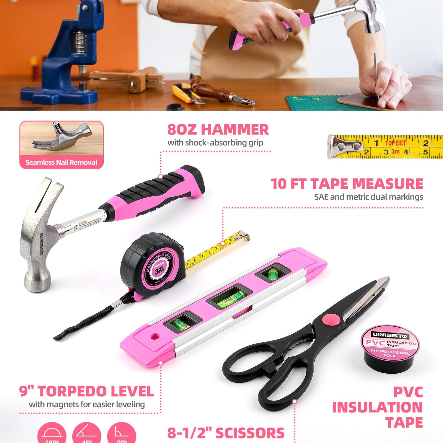 URASISTO Pink Household Tool Set with Drill, 136 PCS Home Tool Kit with 3.6V Cordless Lithium-ion Drill Driver, Hand Tool Kits for Women URASISTO