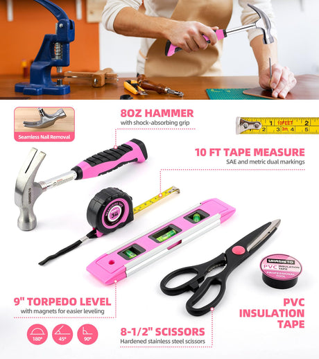 URASISTO Pink Household Tool Set with Drill, 136 PCS Home Tool Kit with 3.6V Cordless Lithium-ion Drill Driver, Hand Tool Kits for Women URASISTO