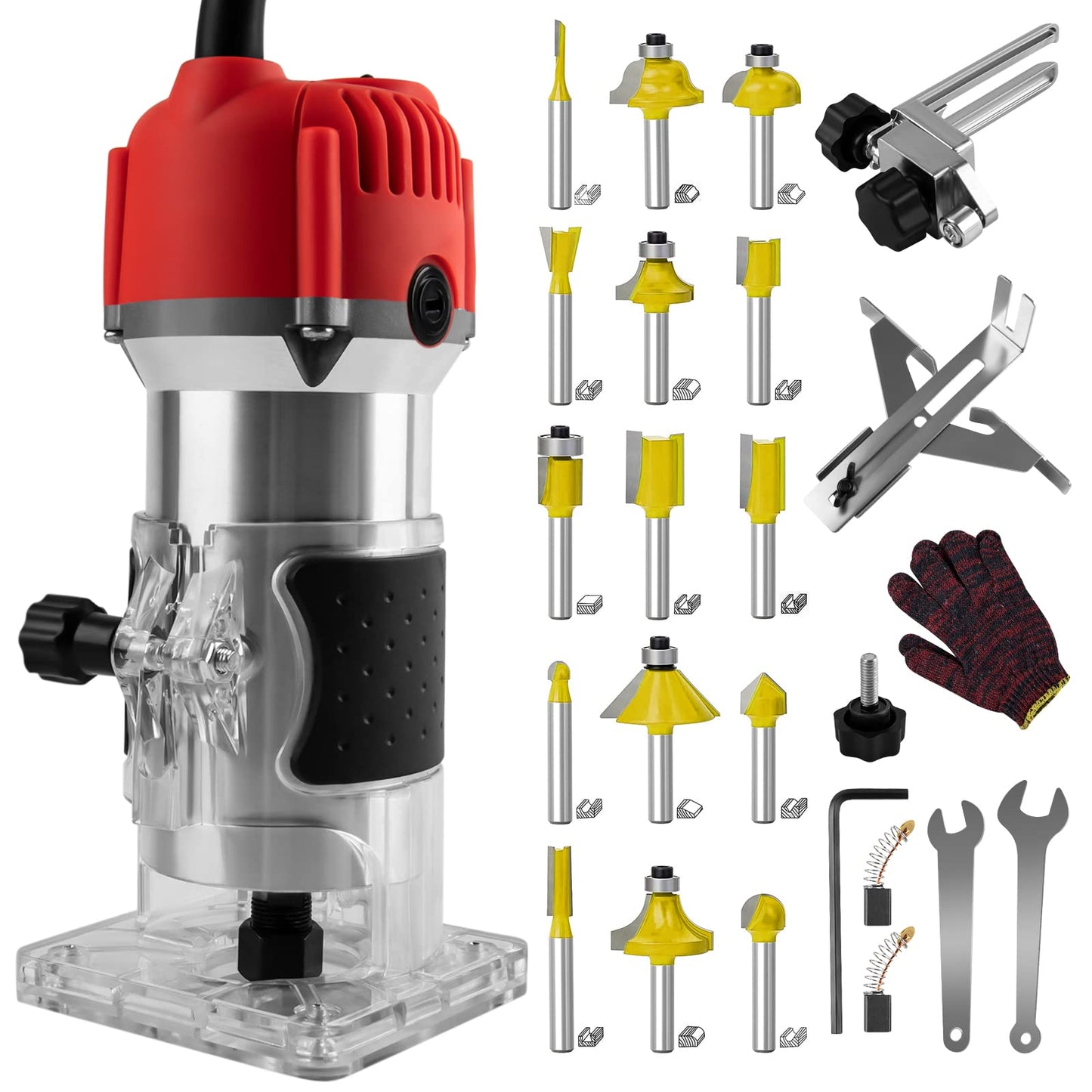 Compact Wood Router Tool 110V Electric Hand Woodworking Trimmer Palm Router kit with Gloves 15 PCS Router Bits (800W) - WoodArtSupply