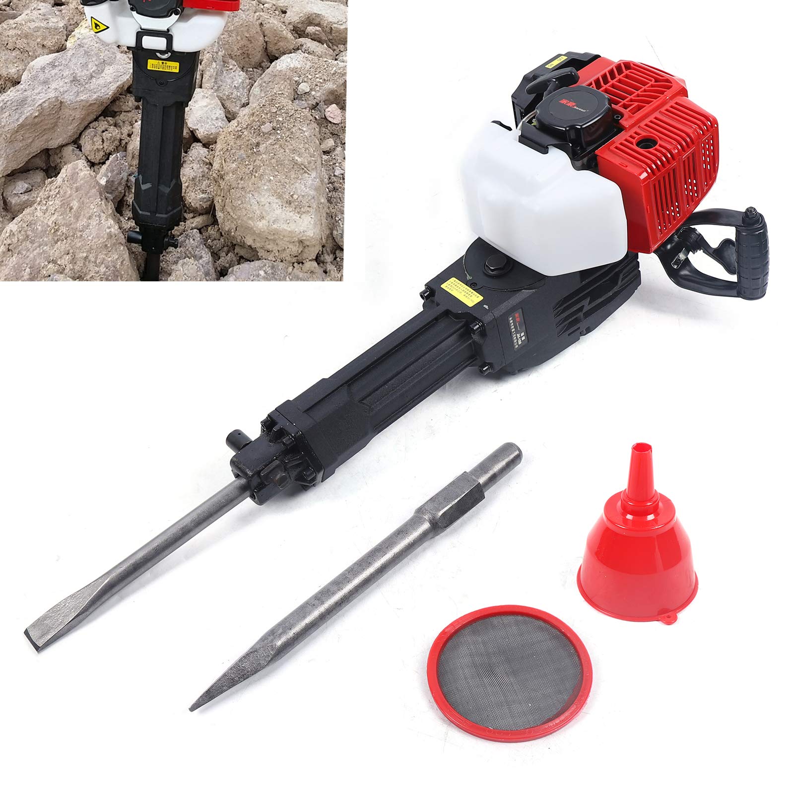 52CC Demolition Jack Hammer, 2 Stroke Gas Powered Concrete Breaker Punch Drill Jack Hammer 1500BPM with 2 Chisel Hand Pull Air Cooling for Heavy - WoodArtSupply