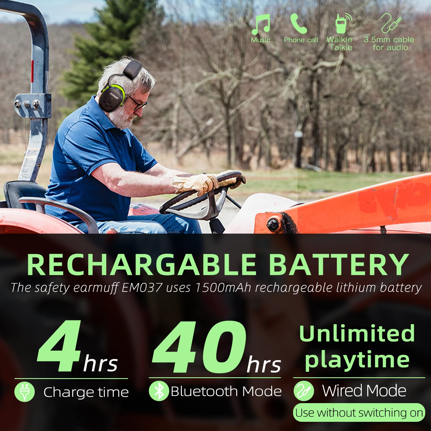 ZOHAN 037 Bluetooth Hearing Protection Headphones with 1500mAh Rechargeable Battery,NRR 25dB Noise Reduction Ear Muffs with 40H playtime for Mowing, ZOHAN