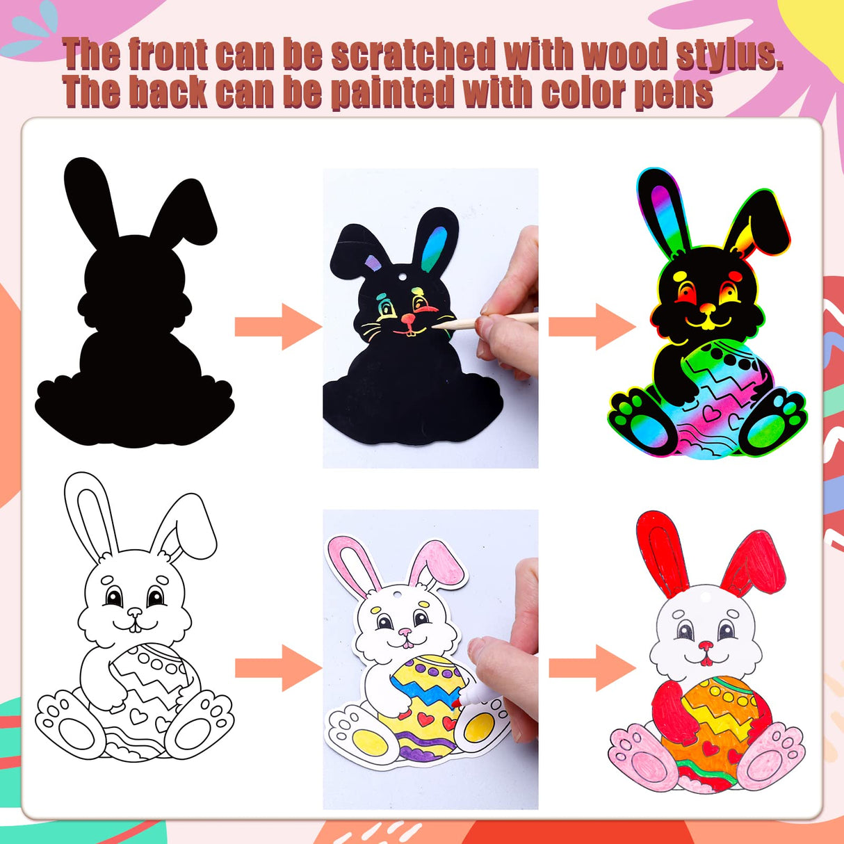 Max Fun Easter Crafts Kit Rainbow Color Scratch Paper Easter Ornaments (48 Counts)-Craft Kit for Kids Easter Basket Stuffers Party Favors Max Fun