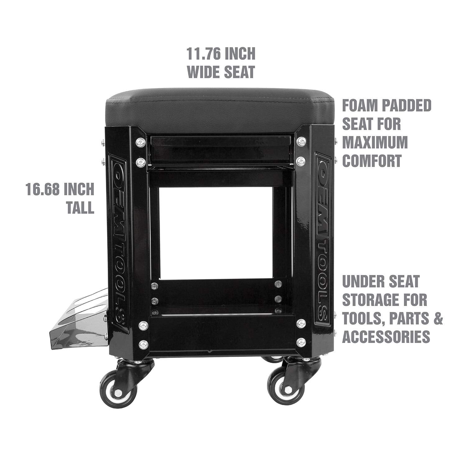 OEMTOOLS 24994 Workshop Creeper Seat (Black), Mechanics Stool with Wheels, Rolling Work Seat with Built In Toolbox, Mechanic Roll Chair with - WoodArtSupply