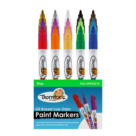 Thornton's Art Supply 15 Vibrant Premium Oil-Based Paint Craft Marker Pens 15-Count Fine Assorted Colors For Wood Glass Metal Stone and Ceramics | Thornton's Art Supply