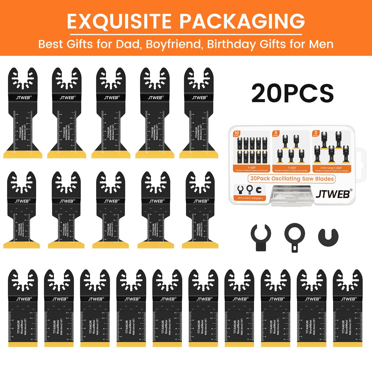 JTWEB 20PCS Titanium Oscillating Saw Blades Metal Cutting, Multitool Blades 3 Types Multi Tool Blades Kits Wood and Metal Nail Plastic Oscillating JTWEB