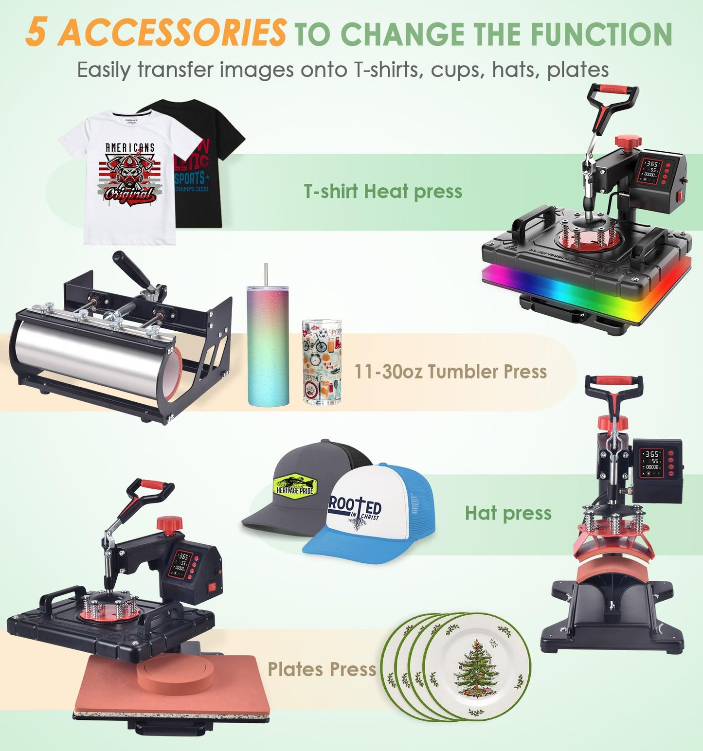 Slendor 5 in 1 Heat Press Machine 12x15 inch Sublimation Heat Press 360° Swing Away Heat Transfer Digital T-Shirt Pressing with 30OZ 20OZ Tumbler