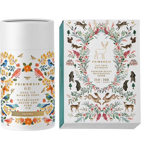 Primrosia Winterwonderland Collection – 'Fauna' 60 Dual Tip Markers + Winter Dot Grid Watercolor Notebook Primrosia