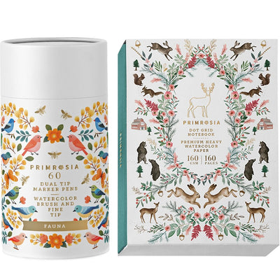 Primrosia Winterwonderland Collection – 'Fauna' 60 Dual Tip Markers + Winter Dot Grid Watercolor Notebook