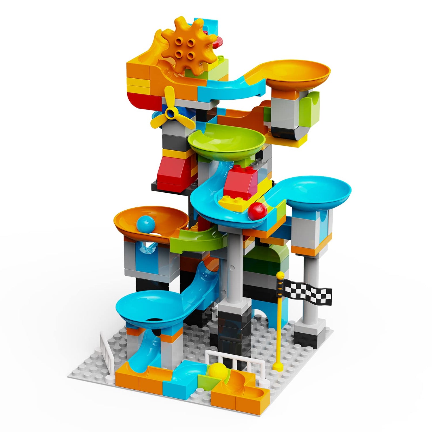JIXIn Marble Run Building Blocks Compatible with LEGO DUPLO/3-IN-1 Multiplayer/Gear Handle Fun Marble Maze Blocks Building Toy Set/164 PCS Classic JIXIn