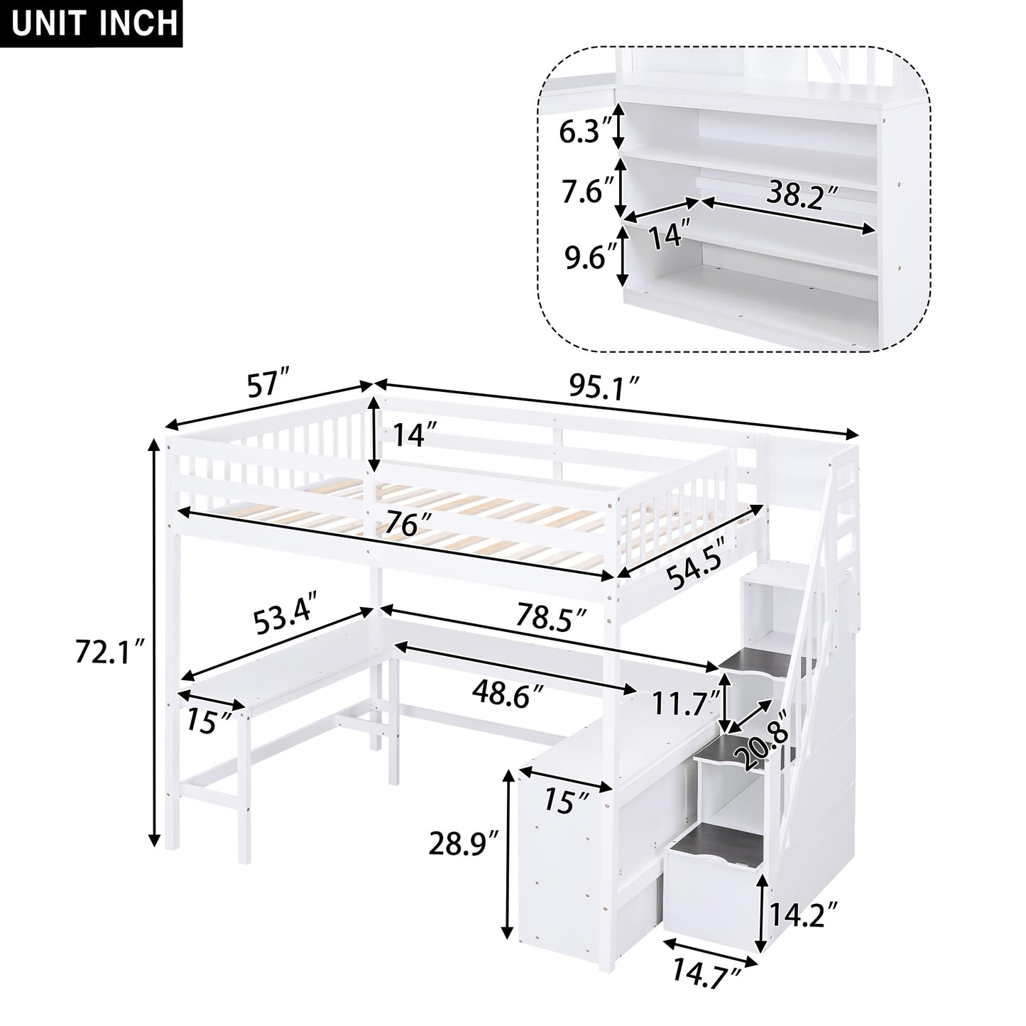 Bellemave White Full Loft Bed with L-Shaped Desk, Storage Stairs & Bookcase - WoodArtSupply