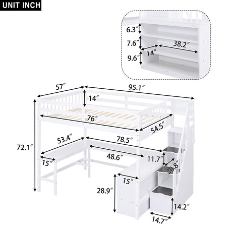 Full-Size White Loft Bed with Desk, Stairs, and Storage for Kids, Teens, and Adults Bellemave