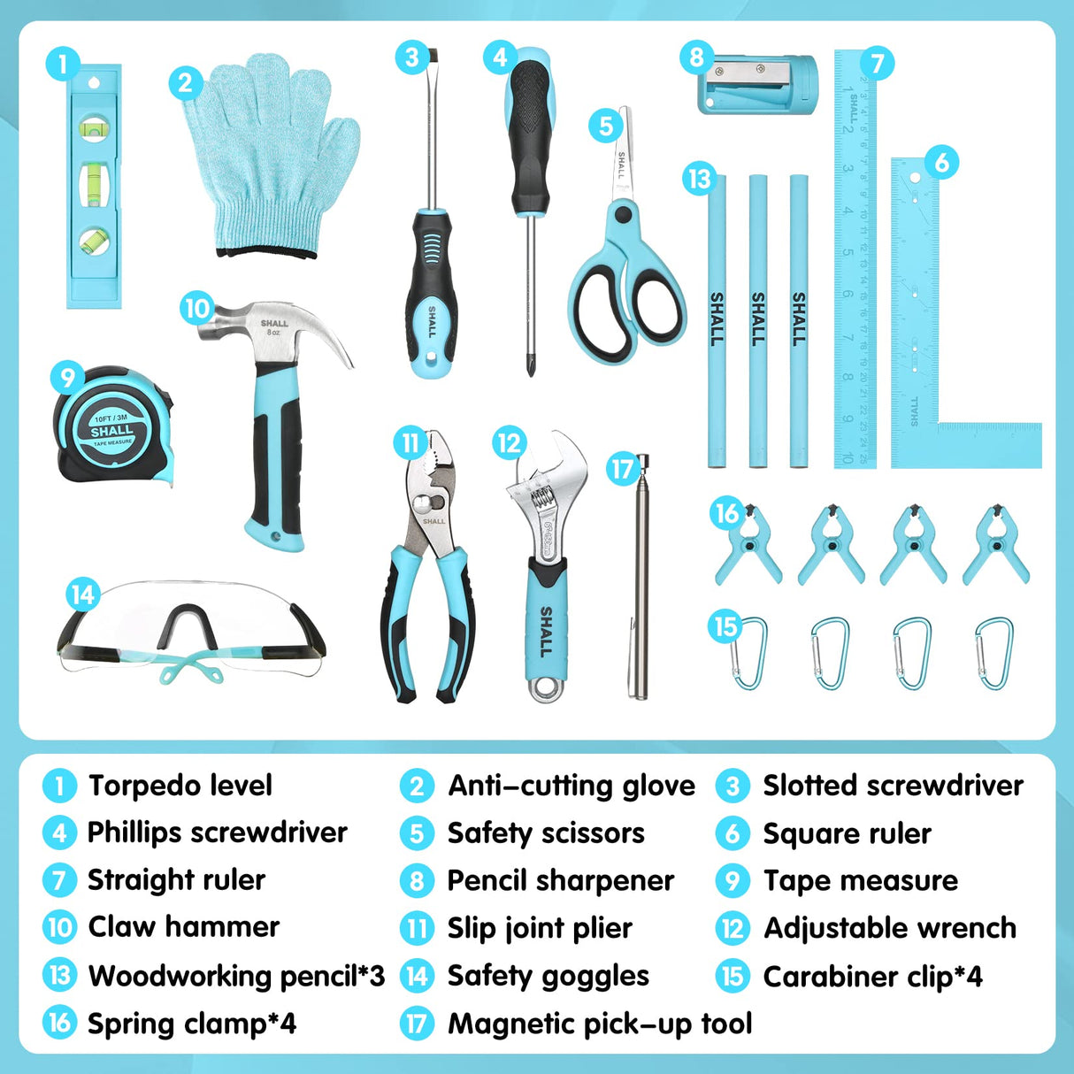 SHALL 26-Piece Kids Size Tool Set, Real Tools Kit for Kids with 12" Tool Bag, Safety Certified Children Learning Tool Set with Hand Tools for Boys & SHALL