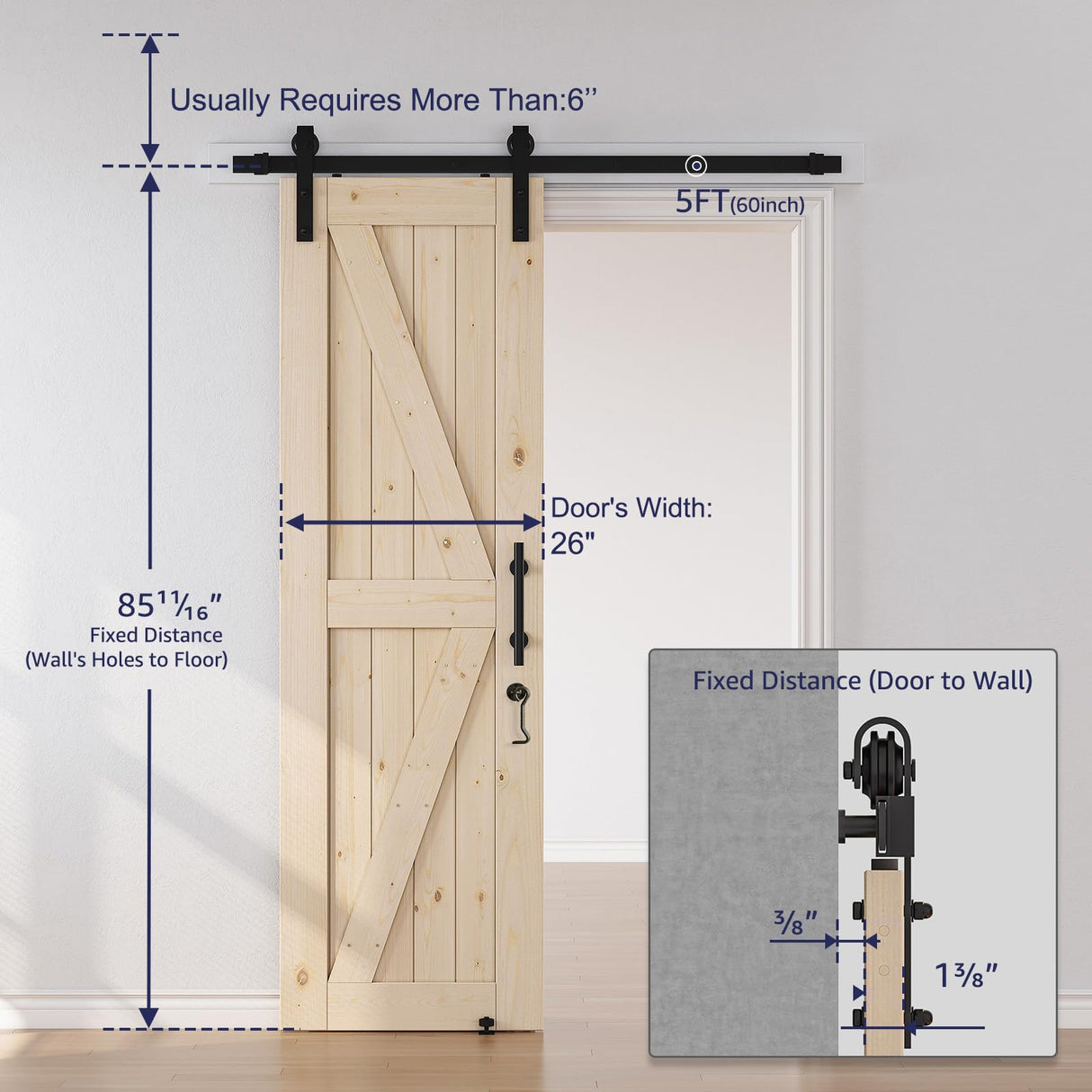 SmartStandard 26in x 84in Sliding Barn Wood Door Pre-Drilled Ready to Assemble, DIY Unfinished Solid Spruce Wood Panelled Slab, Interior Single Door SMARTSTANDARD