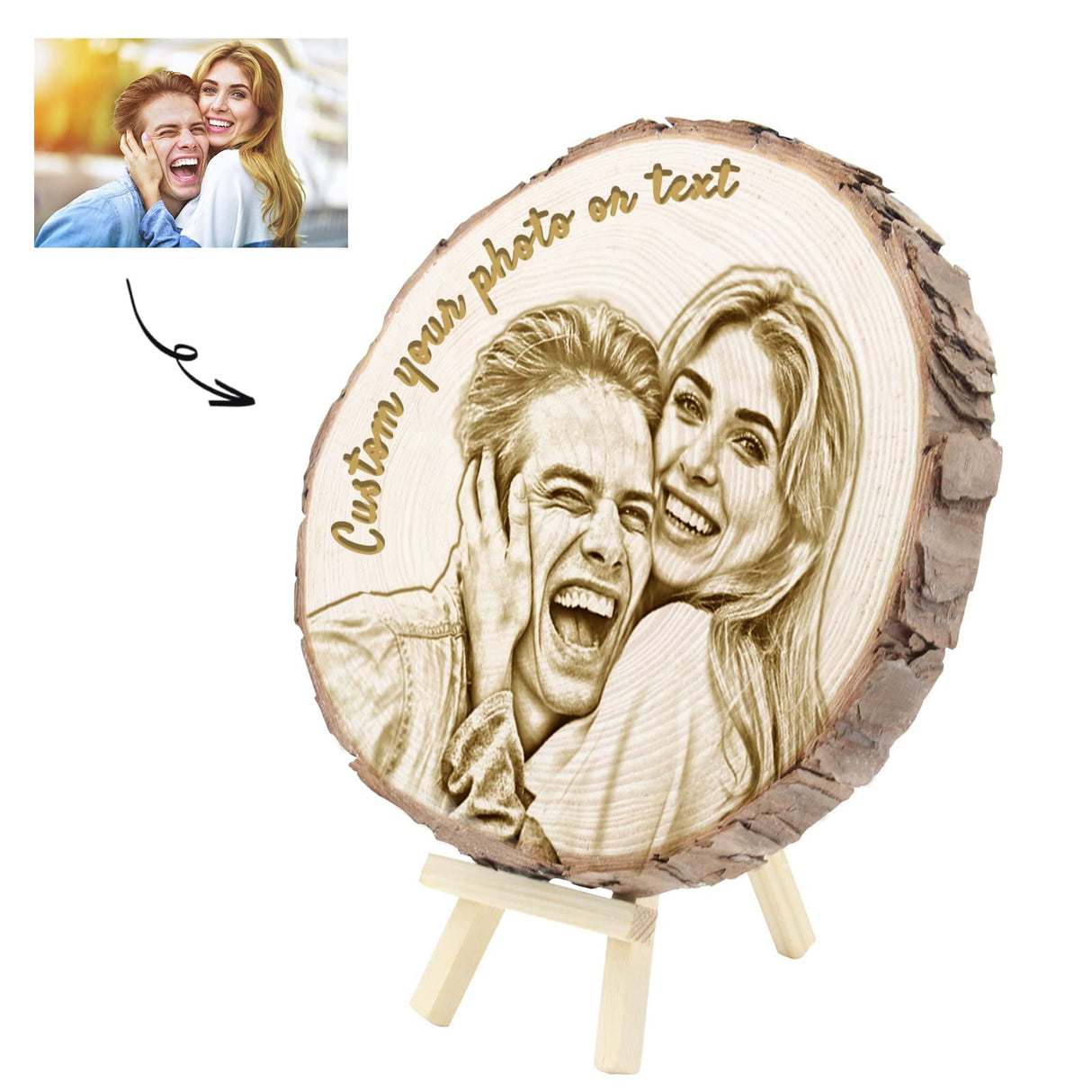 WQingot Personalized Photo Wood Slice Custom Engraved Picture Text Frame Tree Wooden Crafts for Valentine's Day Anniversary Birthday Wedding Gift WQingot