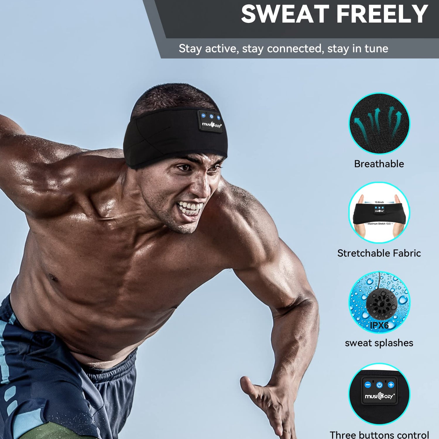 MUSICOZY Sleep Headphones Bluetooth 5.2 Headband, Sports Wireless Earphones Sweat Resistant Earbuds with Ultra-Thin HD Stereo Speaker for Workout MUSICOZY