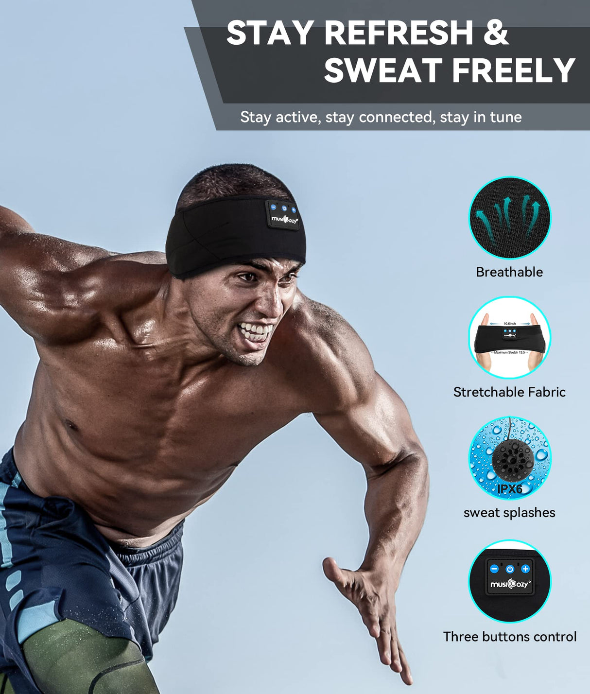 MUSICOZY Sleep Headphones Bluetooth 5.2 Headband, Sports Wireless Earphones Sweat Resistant Earbuds with Ultra-Thin HD Stereo Speaker for Workout MUSICOZY