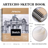 Artecho Sketch Book 9 x 12 Inch, 100 Sheets 90gsm, Pack of 2, Spiral Sketchbook, Hardcover Sketchbook, Acid Free Sketch Paper, Sketch Pad, Sketchbook Artecho