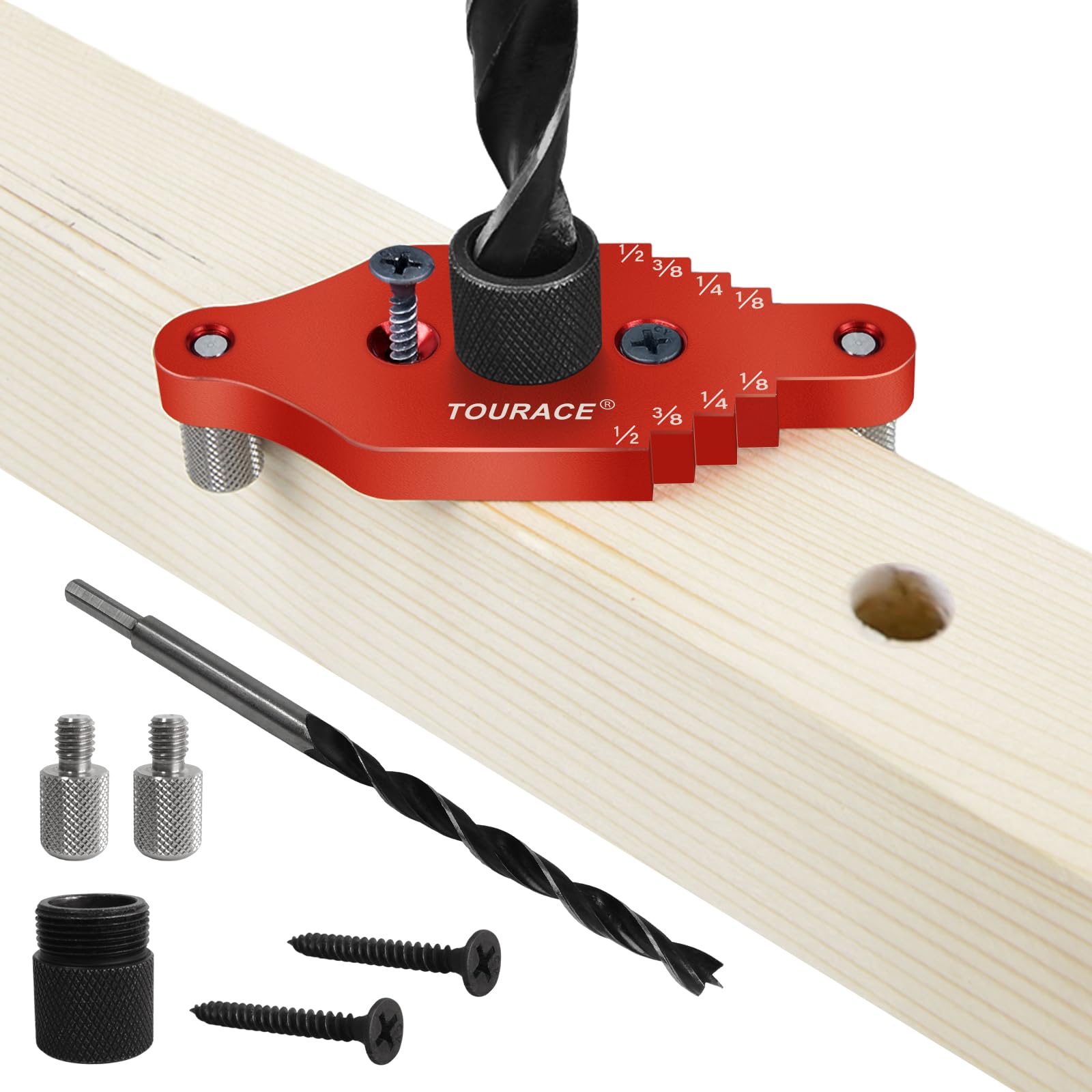 TOURACE Adjustable Drill Jig with Drill Bit for Floating Shelf, Portable Dowel Drill Guide Jig, Biscuit & Plate Joiner Woodworking Tool, Pocket Screw - WoodArtSupply