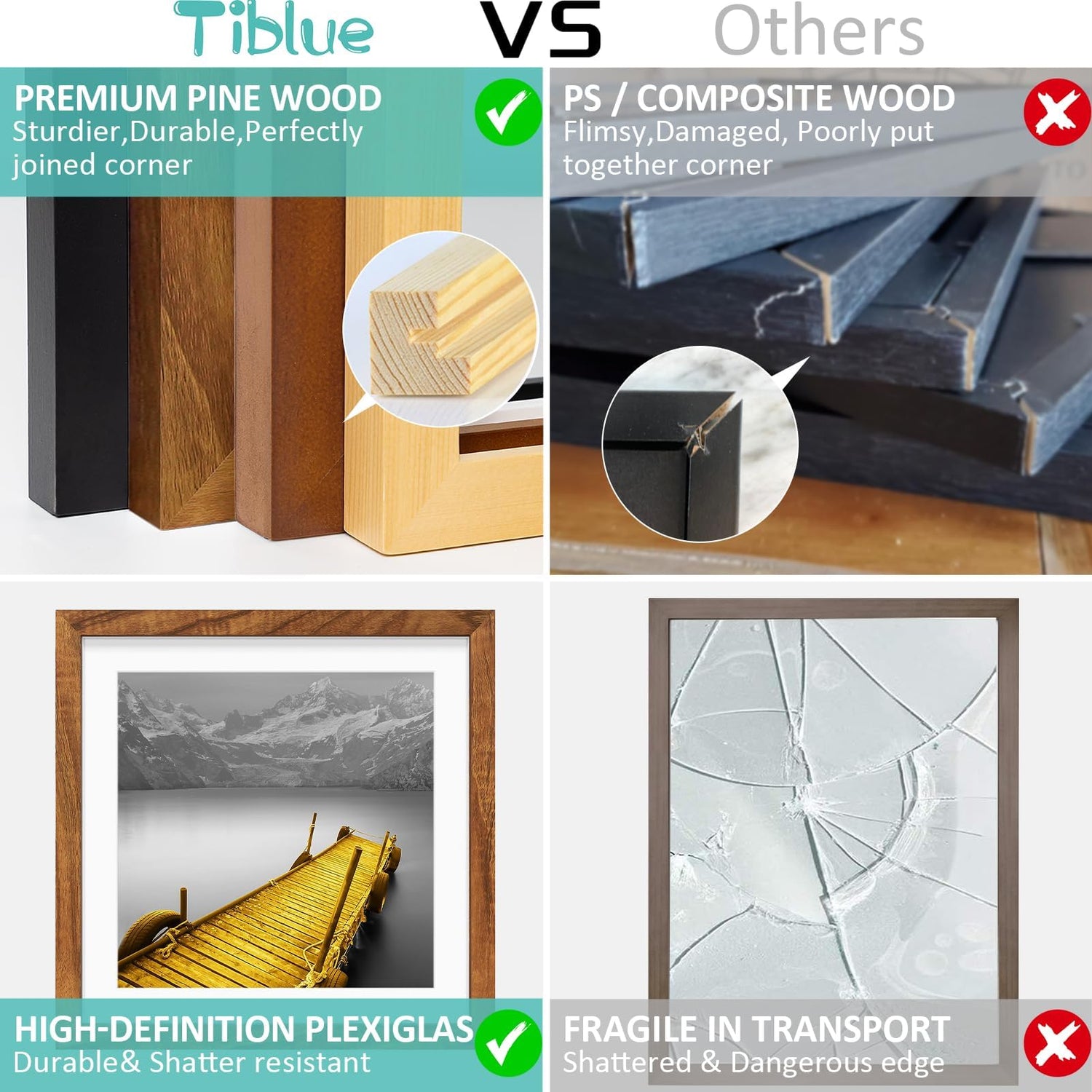 12x12 Picture Frames Solid Wood Display Pictures 10x10 or 8x8 with Mat or 12x12 without Mat - 12x12 Inch Square Photo Frames with 2 Mats for Wall or Tiblue