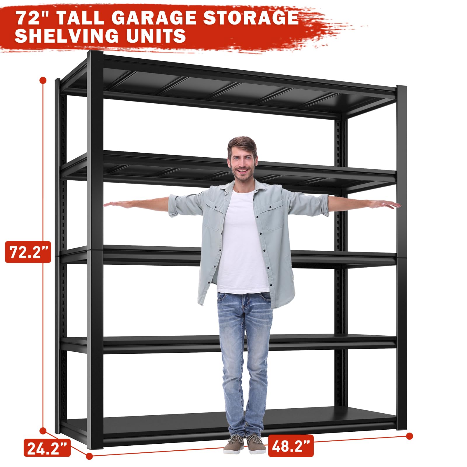 REIBII 48.2" W Garage Shelving 3000LBS Heavy Duty Storage Shelves Adjustable 5 Tier Metal Shelves for Storage Garage Shelf Industrial Shelving Unit - WoodArtSupply