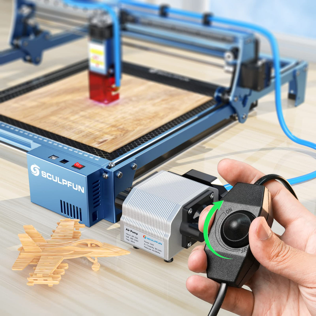 SCULPFUN Air Assist for S10 Laser Engraver Engraving Machine,Adjustable 0-30L/Min Air Flow,Low Noise,Clean Cutting Engraving for Wood Metal Acrylic SCULPFUN