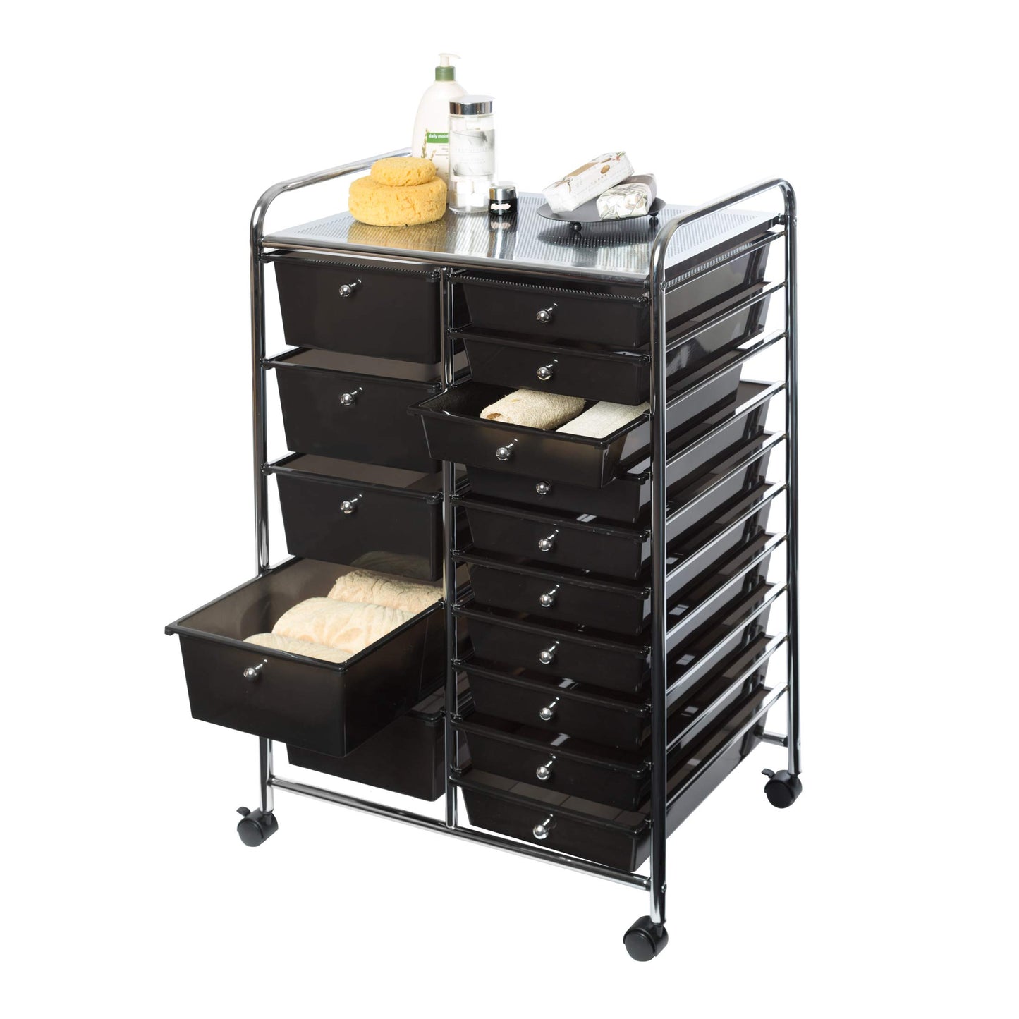 Seville Classics Rolling Utility Organizer Storage Cart for Home Office, School, Classroom, Scrapbook, Hobby, Craft, 15 Drawer, Black