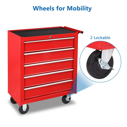 TUFFIOM 5-Drawer Rolling Tool Chest w/Lock & Key, Tool Storage Cabinet with Wheels, Top Cushion & Drawer Liners, Tool Organizer Box for Garage,