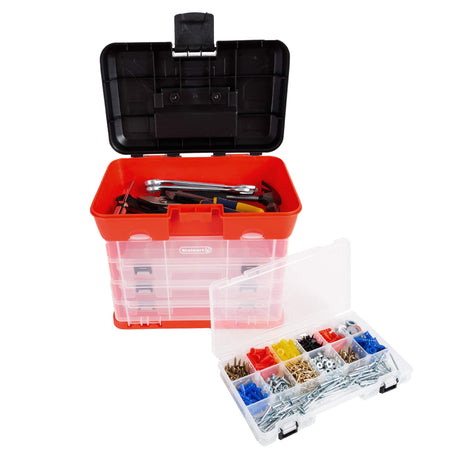 Storage Tool Box - Portable Multipurpose Organizer With Main Top Compartment and 4 Removable Multi-Compartment Trays by Stalwart,Red,11 in x 7 in x Stalwart