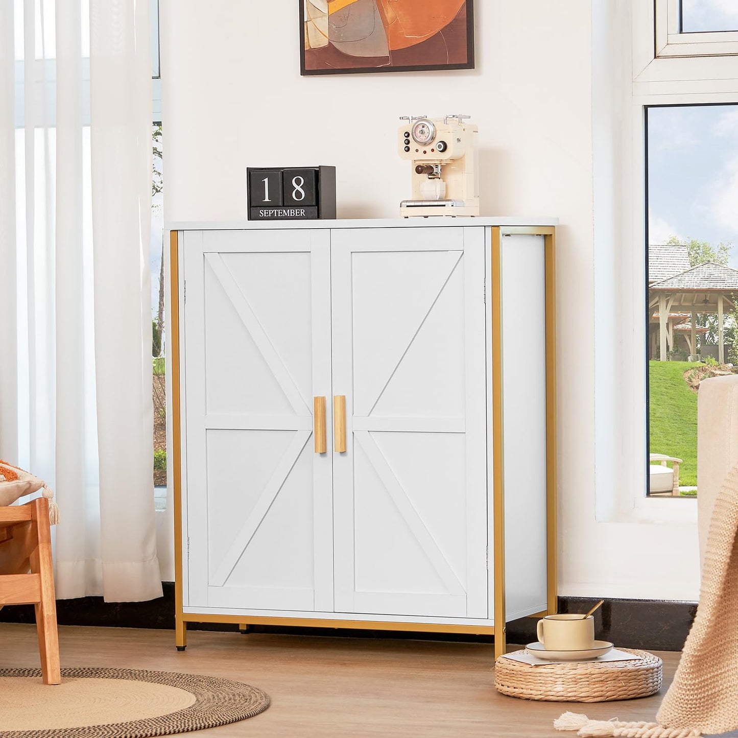 WEENFON Storage Cabinet, Floor Cabinet with 2 Doors & 1 Shelf, Wooden Freestanding Storage Cabinet with Metal Frame, Buffet Cabinet, for Living Room,