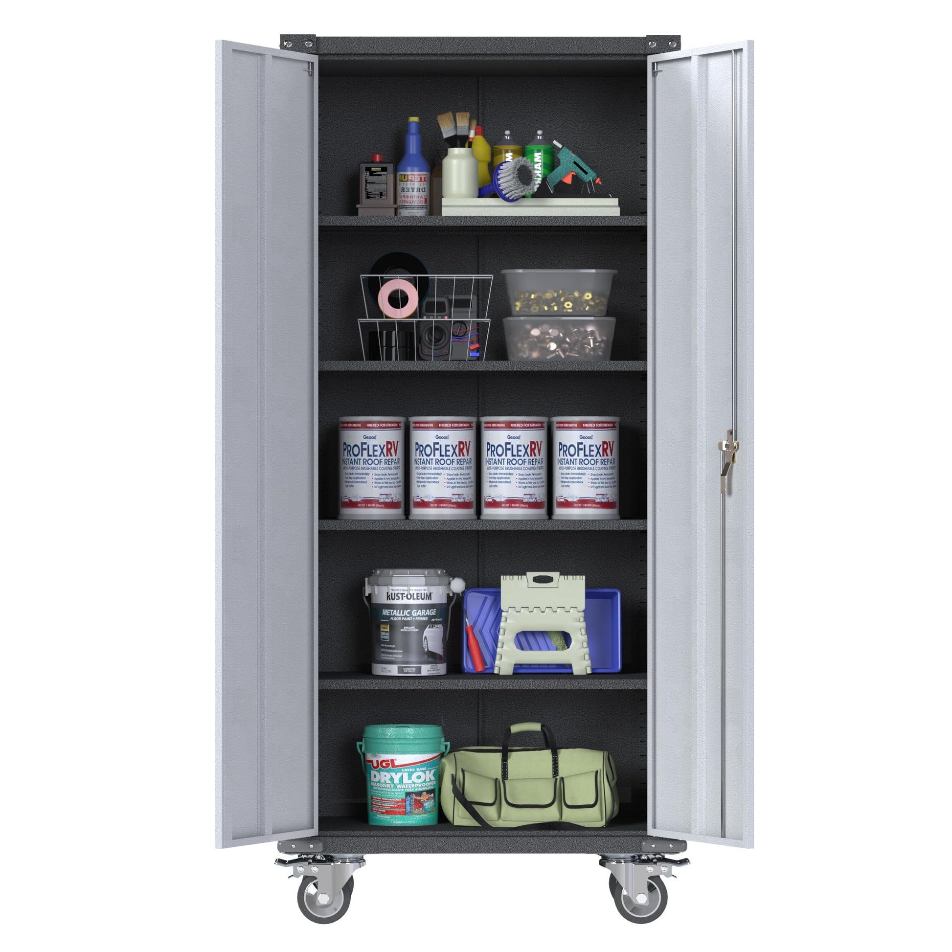 JAORD Metal Storage Cabinets with Wheel, Garage 4 Adjustable Shelf,Rolling Utility Lock & Wheels for Office Home, File Cabinet-grey and Black, Large - WoodArtSupply